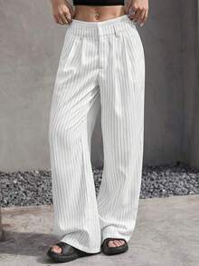 Pantalones anchos de mujer con pliegues y rayas, con cintura de bloques de color para otoño/invierno - Blanco - Ver 6