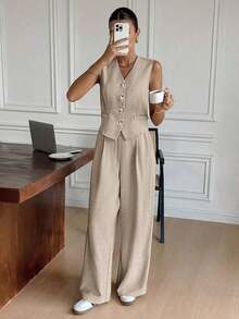 Conjunto de chaleco y pantalones casuales y de uso diario para mujer en otoño/invierno - Caqui - Ver 3