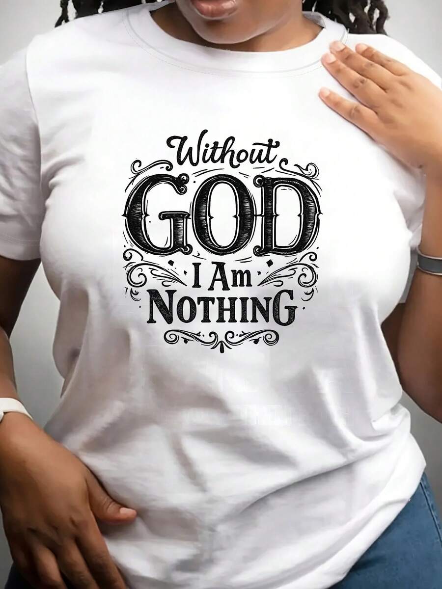 Women's Short-Sleeved T-Shirt With "There Is No God, I Have Nothing" Print, Artistic Lettering T-Shirt, Soft And Breathable Polyester Fiber, Medium Elasticity, Machine Washable, Modern Style, Round Neck, Women's Clothing, New 2026 Model. - 白色 - 查看 1