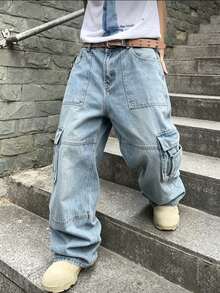 Celana Jeans Lurus Longgar Modis, Gaya Streetwear Amerika untuk Pria - Light Wash - View 2