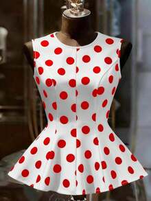 Camiseta de mujer sexy y elegante con estampado de lunares, adecuada para atuendos de primavera/verano - Rojo - Ver 2