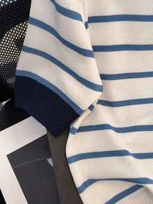Camiseta de punto de manga corta a rayas de verano para mujer, nueva blusa casual versátil y elegante - Rayas azules - Ver 4