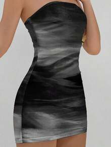 Vestido casual, elegante y sexy de estampado abstracto marrón café, tipo bandeau y ajustado, apropiado para el verano, vacaciones y fiestas - Gris Oscuro - Ver 5