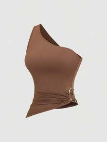 Conjunto de blusa con cuello asimétrico, un solo hombro y decoración de hebilla metálica, adecuado para vacaciones en la playa - Multicolor 3 - Ver 5