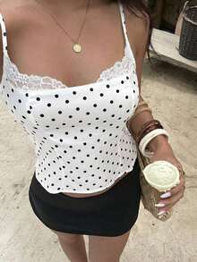 Camiseta ajustada con cuello de encaje negro, estampado de lunares blanco y negro para mujer - Blanco - Ver 7