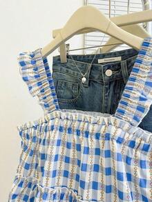 Blusa holgada sin mangas de estilo casual a cuadros para mujer, versátil para el verano - Azul 2 - Ver 7