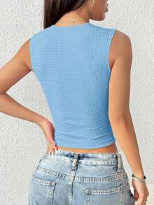 Blusa sin mangas casual con textura de un solo color y botones delanteros - Azul - Ver 2