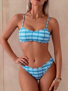 Set de 2 piezas Bikini bandeau con estampado floral rosa para mujer, con tirantes desmontables adecuado para vacaciones en la isla y sesiones de fotos en la playa en verano - Multicolor 8 - Ver 3