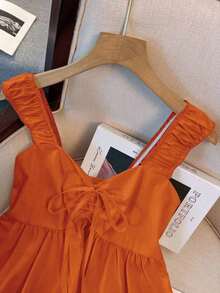 Blusa de estilo vintage para vacaciones con estampado de lunares, fruncida y con nudo delantero, para verano - Naranja Quemada - Ver 5