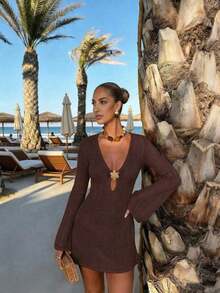 Vestido de manga larga de punto para mujer, estilo de vacaciones en la playa - Café rojo - Ver 2