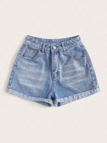Shorts vaqueros de tiro alto enrollados para verano - Azul lavado medio - Ver 3