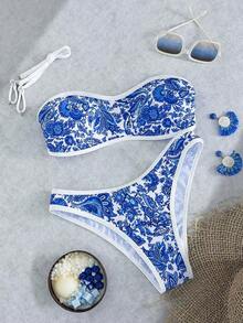 Set de 2 piezas Bikini bandeau con estampado floral rosa para mujer, con tirantes desmontables adecuado para vacaciones en la isla y sesiones de fotos en la playa en verano - Multicolor 14 - Ver 1
