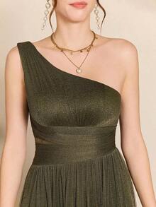 Vestido de malla con un hombro asimétrico, pecho fruncido, recorte hueco y abertura alta en A, vestido de dama de honor para boda, color rosa, primavera - Verde militar - Ver 6