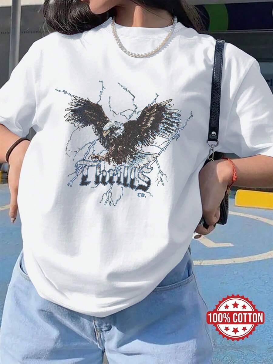 Camiseta Casual de Primavera/Verano para Mujer, Estilo Punk, Estampado Eagle Lightning Thrills CO., Cuello Redondo, Manga Corta, Hombros Caídos, Talla Grande, Camiseta de Algodón Cómoda Chu K - Blanco - Ver 1