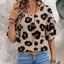 Women's Casual Loose Crew Neck Short Sleeve Ruffle Hem T-Shirt, Suitable For Summer,Casual - Multicolor - Ver 6