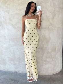 Vestido con estampado floral elegante y espalda descubierta para mujer - Amarillo - Ver 5