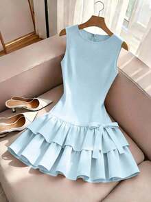 Vestido elegante sin mangas estilo francés, vestido mini con decoración de lazo rojo, adecuado para salidas diarias, citas, vacaciones - Azul - Ver 6
