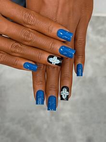 10pcs Y2K Nails Square Press On Nails Set - Handcrafted, Black Nails, Blue Nails, Handmade 3D Flowers Design, 3D Blue Flowers Nail Art, Hand Drawn 3D Water Droplet Pattern And Black Polka Dot Flowers Design, Sparkling Rhinestone Decoration, Delicate Graceful Nails - Perfect For Parties & Casual Attire - Multicolor - View 3