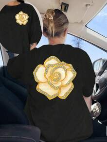 Women's Floral T-Shirt (Front And Back) - With Gold Rose, Round Neck, Casual For Everyday And Formal Wear, For All Seasons And Special Occasions, Versatile Clothing, Elegant Design, Comfortable Fit, Short Sleeve, For Fashion Lovers Y2k - 黑色 - 查看 1