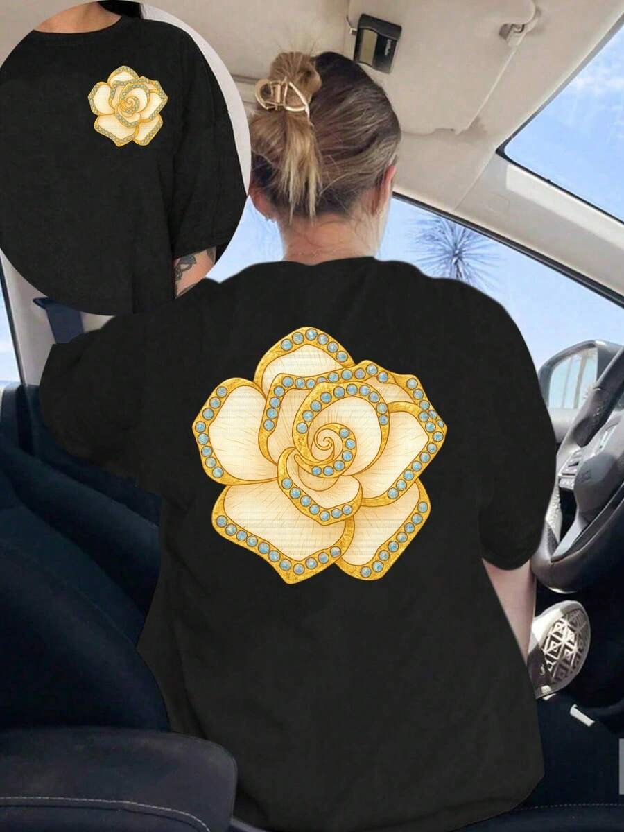 Women's Floral T-Shirt (Front And Back) - With Gold Rose, Round Neck, Casual For Everyday And Formal Wear, For All Seasons And Special Occasions, Versatile Clothing, Elegant Design, Comfortable Fit, Short Sleeve, For Fashion Lovers Y2k - 黑色 - 查看 1