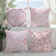 MEMNUN 4pcs Watercolor Pink Patchwork Floral Print Cushion Cover (No Pillow Insert), Made Of Polyester Fabric, Single-Sided Printing, 17.7*17.7in(45*45cm)/19.69*19.69in(50*50cm)/15.75*15.75in(40*40cm), Retro Floral Tile Design, Suitable For Sofa, Bed, Bedroom, Office, Hotel, Home Decor, All Seasons, Gift - Multicolor - View 5