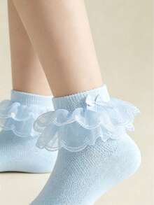 1 Pair Cotton Girls' Solid Color Mesh Socks With Double Lace, Dance Party Socks - Baby Blue - View 4