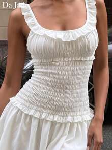 Da Jade Eleganti abiti estivi casual da donna, morbidi e leggeri, con arricciature e volant, stile babydoll mini, stratificati e fluidi, adatti per vacanze, spiaggia, appuntamenti e serate - Bianco - Visualizzare 4