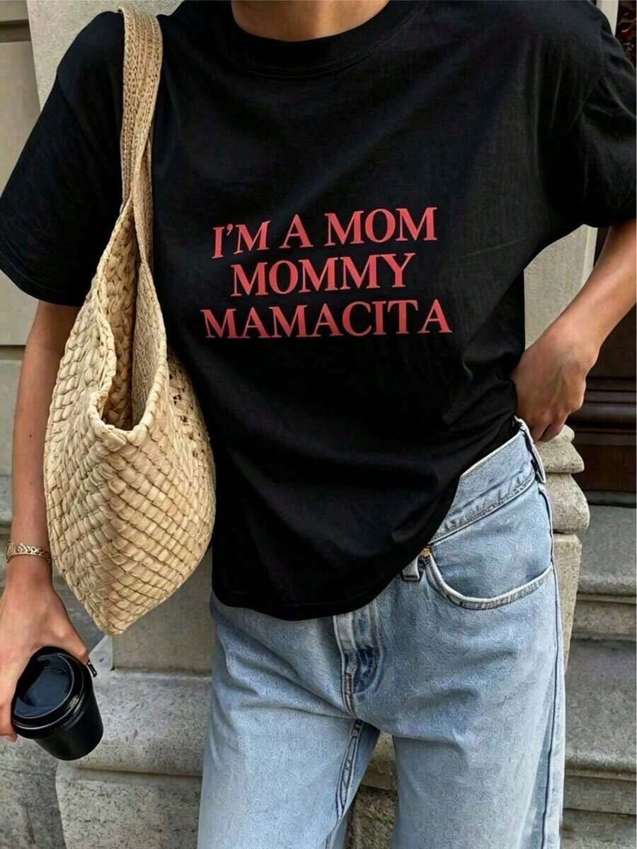 Camiseta "Soy Mamá, Mommy, Mamacita" - Camiseta "Mom Life", Camiseta con Frase Divertida, Equipo de Mamás, Camisetas Oversize para Mujer, Regalo para el Día de la Madre, Camiseta Casual Lavable a Máquina para Vacaciones, Ropa Urbana y Deportiva - Negro - Ver 1