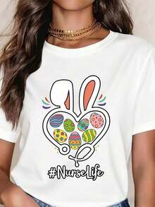 Vintage White T-Shirt With Easter Bunny Print, Heart With Colorful Eggs And Nurse Life Label To Celebrate Spring And Easter Season. - White - View 1