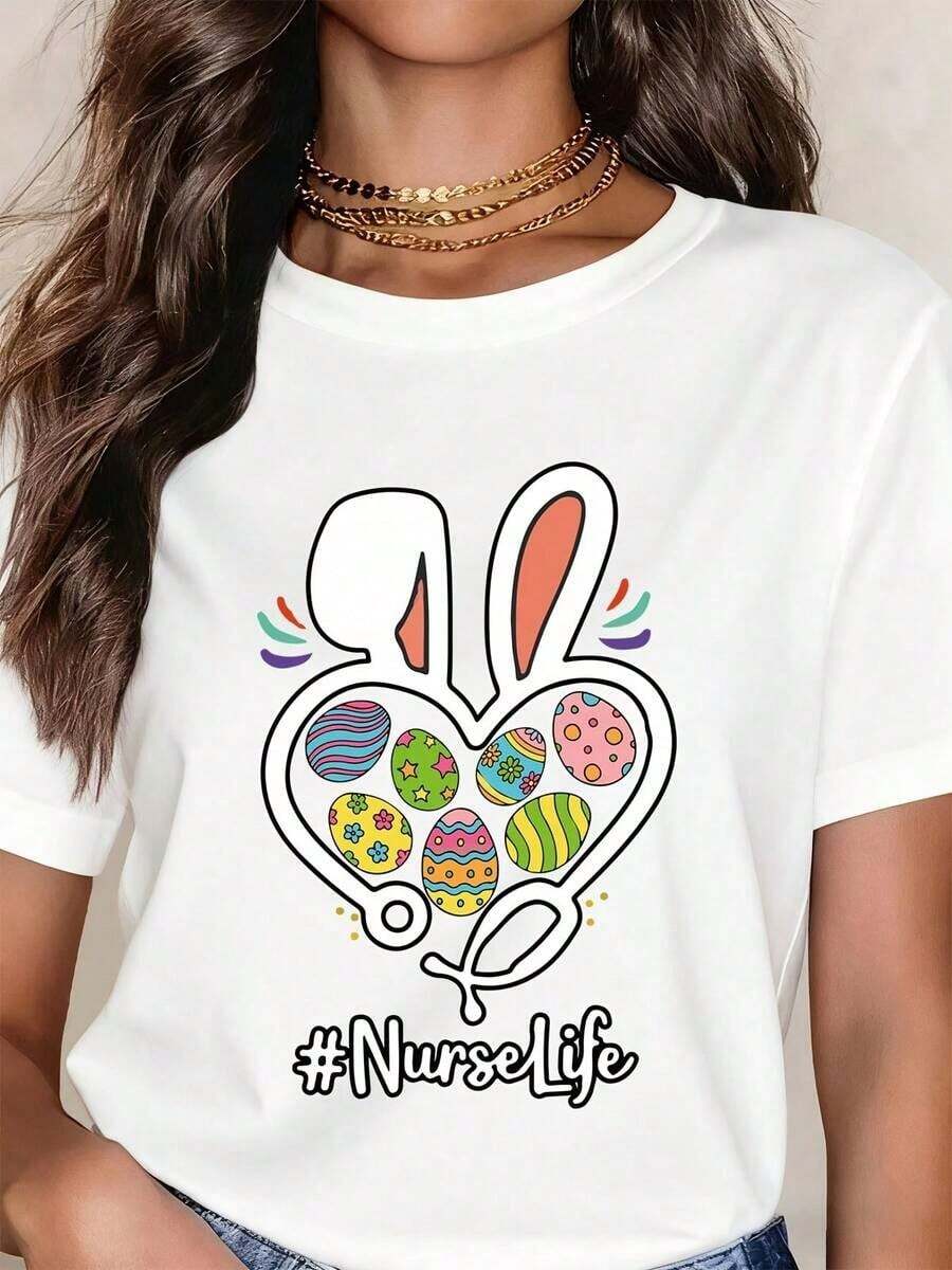 Vintage White T-Shirt With Easter Bunny Print, Heart With Colorful Eggs And Nurse Life Label To Celebrate Spring And Easter Season. - 白色 - 查看 1