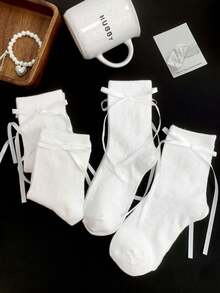 4 Pairs Spring/Summer Thin Versatile White Socks With Side Ribbon Bow Lolita Mid-Calf Socks - Multicolor - View 5