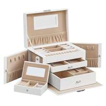 SONGMICS Caja Joyero de 3 Niveles, con 2 Cajones, con Mini Caja Portátil para Viajar, con Asa, Cerradura, Regalo Ideal, MJBC121W - Blanco - Ver 2