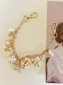 Accessoires thème océan d'été, décorations style bohème en coquillage doré et étoile de mer, pendentif de perle et corail de luxe, porte-clés style océan pour les vacances - Multicolore - Voir 4