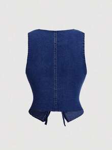 Chaleco vaquero ajustado de estilo casual de los años 70 con lazo delantero, azul, vintage - Azul lavado oscuro 2 - Ver 2