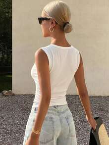 Top de camiseta ajustada de cuello cuadrado acanalado para mujer, verano - Blanco - Ver 3
