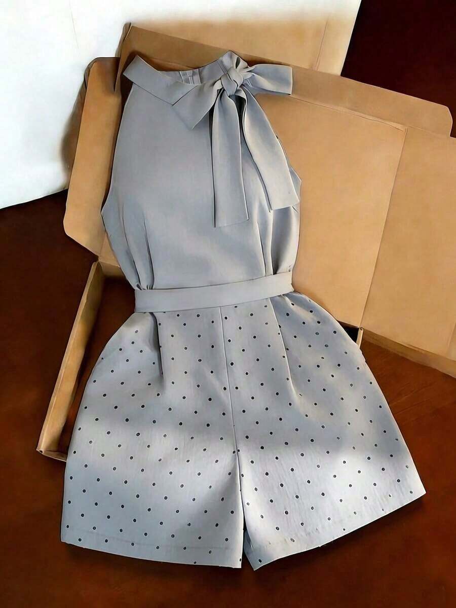 Mono corto sin mangas para mujer, mono de pierna ancha de nueva llegada 2026, mono elegante de lunares grises con cintura ceñida que estiliza, adecuado para ir al trabajo, ocasiones formales y uso diario - Gris - Ver 1