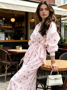 Bộ đồ 2 mảnh họa tiết hoa nhí mới của Mariasol dành cho nữ, gồm áo sơ mi dài tay thắt nơ và chân váy dài, kiểu dáng thời trang thường ngày thanh lịch, thích hợp cho các bữa tiệc, kỳ nghỉ, đi biển, mùa xuân, hè, thu và kỳ nghỉ đông. - Nhiều màu - Xem 5
