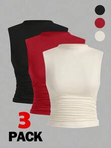 3 Piezas Blusas Sin Mangas Con Pliegues - Rojo y blanco - Ver 1