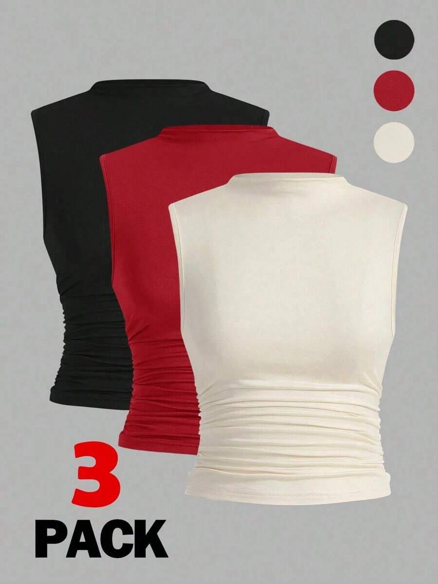3 Piezas Blusas Sin Mangas Con Pliegues - Rojo y blanco - Ver 1