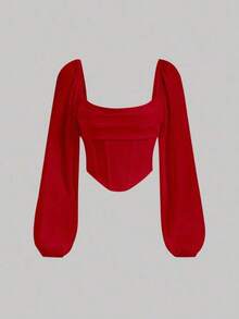 Top asimétrico corto con manga tipo lámpara, busto fruncido y dobladillo en pañuelo púrpura - Rojo - Ver 5