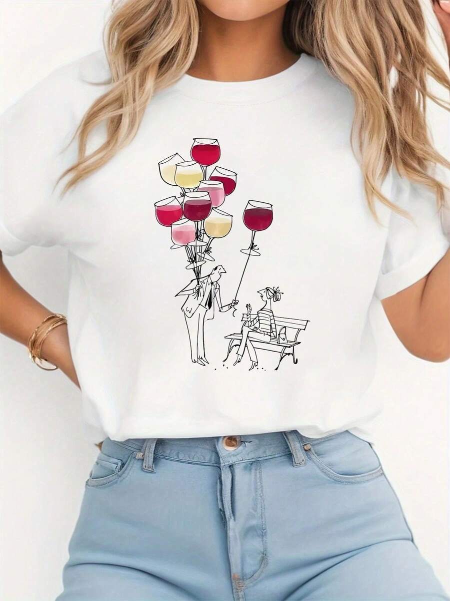 Camiseta de manga corta para mujer, con estampado creativo de copas de vino y globos, cuello redondo, primavera-verano, 100% algodón. - Blanco - Ver 1