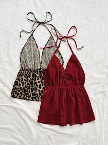 WYWH 2 piezas Camiseta sin espalda con escote en V y tirantes con estampado de leopardo sexy, adecuada para vacaciones, citas, té de la tarde, vacaciones, festivales de música, estilo bohemio - Burdeos - Ver 2
