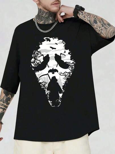 Camiseta negra de estilo urbano con estampado gráfico de calavera, tejido premium, cuello redondo, corte holgado, cómoda, estilo hip-hop urbano.