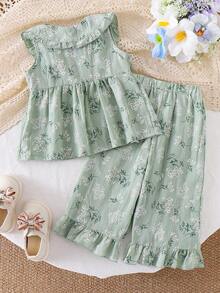 2pcs Baby Girl Fresh Peter Pan Collar Cardigan Vest & Long Pants Set, Thin Spring/Summer - Green - View 3