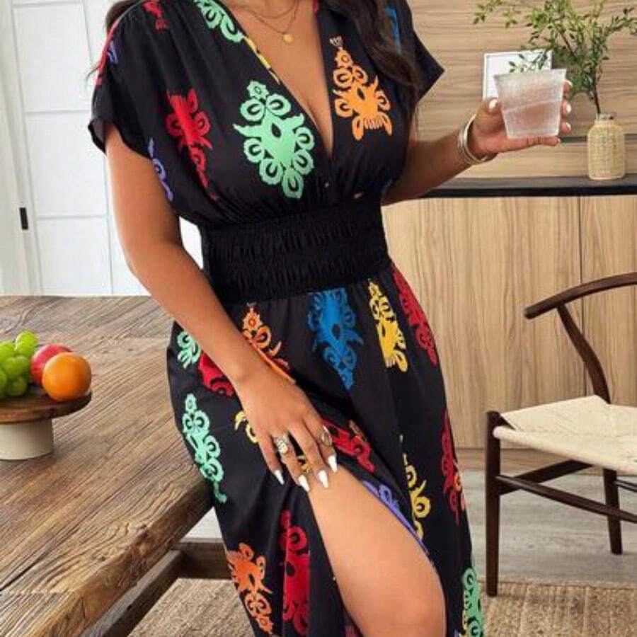 Clasi Plus Size Women Deep V-Neck Solid Short Sleeve Ruched Waist Sexy Vacation Dress - Multicolor - Ver 1