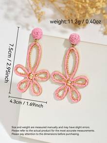 1 Pair Summer Vacation Style Handmade Woven Rattan Hollow Flower Drop Earrings, Minimalist Fresh Sweet Exaggerated Hollow Flower Earrings Suitable For Women's Daily, Vacation, Party Wear (Handmade Weaving Method Random) - Pink - View 3