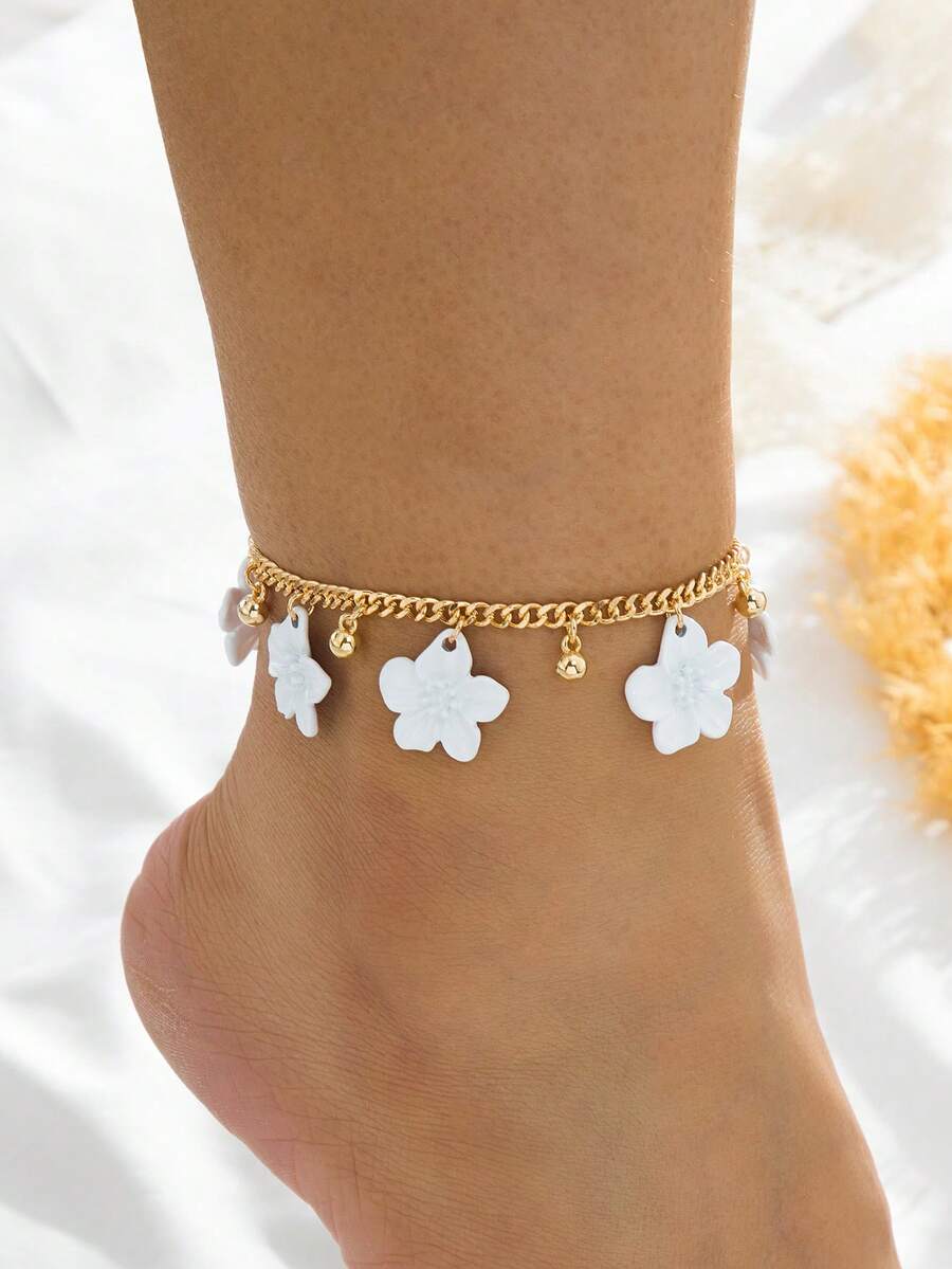 1 pieza Elegante tobillera vintage estilo francés con flor blanca de 5 pétalos, bola dorada pequeña y colgante con borla para mujeres - Blanco - Ver 1