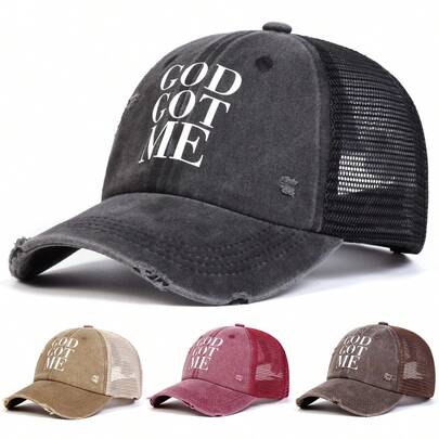1pc Men's "GOD GOT ME" Trucker Hat, Letter Print Baseball Cap, Streetwear Fashion Outdoor Sun Protection Casual Mesh Cap, Suitable For Spring, Autumn, Travel, Beach