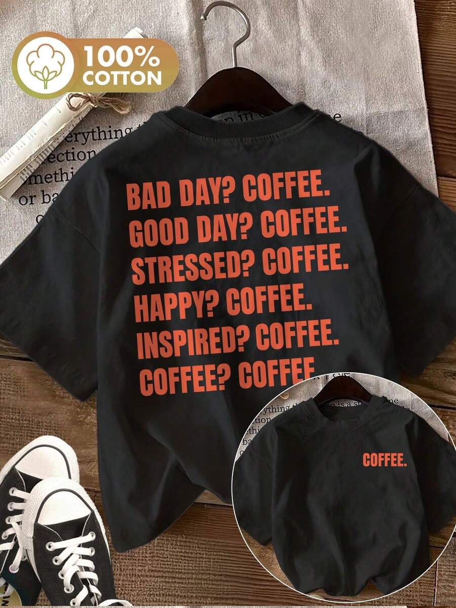 [Double-Sided Print] Women's Casual Spring And Summer Top, Eye-Catching Style, BAD DAY GOOD DAY Print, Sheer Short Sleeve Crew Neck T-Shirt [Ling K] - 黑色 - 查看 1
