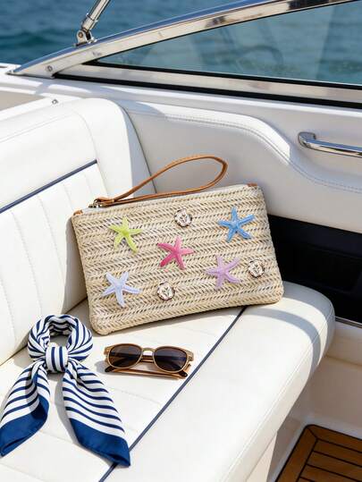 Straw Woven Starfish Clutch Bag, Boho Beach Straw Wristlet Purse With Colorful Starfish Decor, Summer Coastal Straw Handbag For Beach Trips & Vacations, Ideal For Casual Outings & Beach Parties, Suitable For Women & Teens, Perfect For Spring Break, Easter & Summer Gifting, Versatile As Beach Clutch, Wristlet Purse & Vacation Handbag,Mother's Day Gift